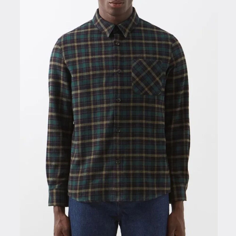 A.P.C. Wool Plaid Flannel Overshirt XL Green Paris Minimalist Luxury Romania